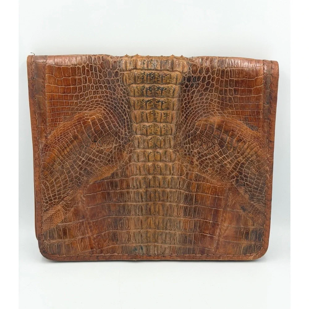Vintage Reptile Embossed Leather Clutch Brown Portfolio Zip Bag Hornback Style